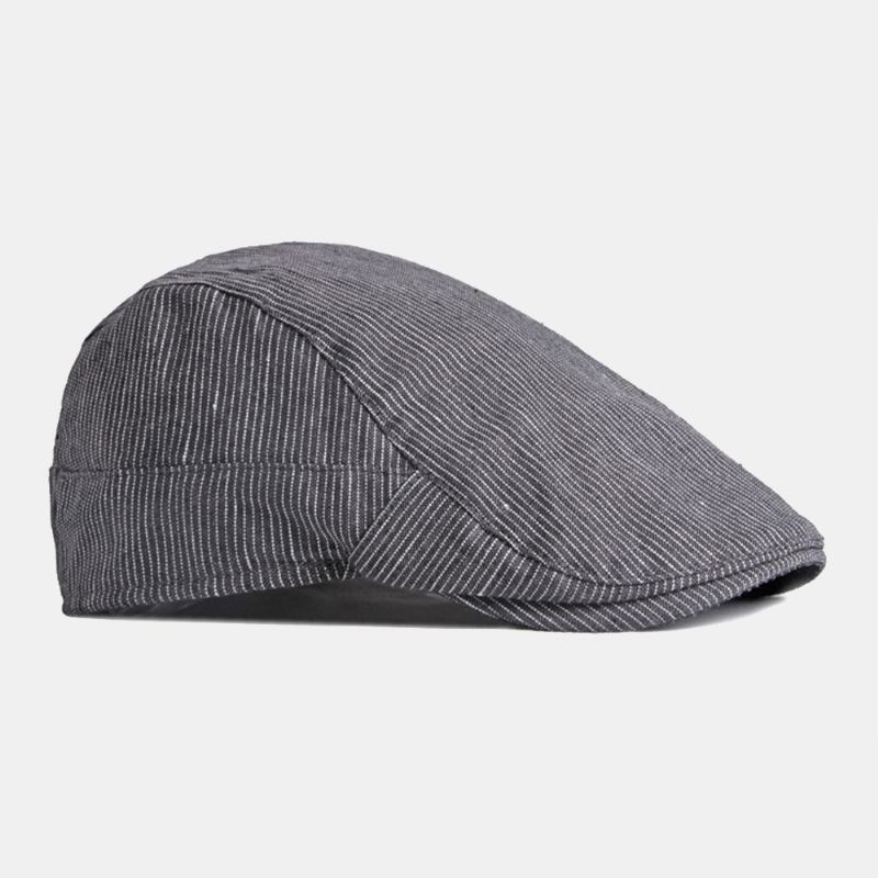 Menn Bomull Lin Pinstripe Beret Cap Britisk Retro Metalletikett Justerbar Fritids Flat Cap