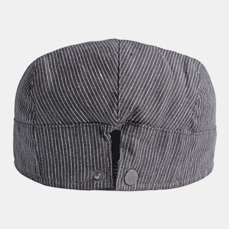 Menn Bomull Lin Pinstripe Beret Cap Britisk Retro Metalletikett Justerbar Fritids Flat Cap