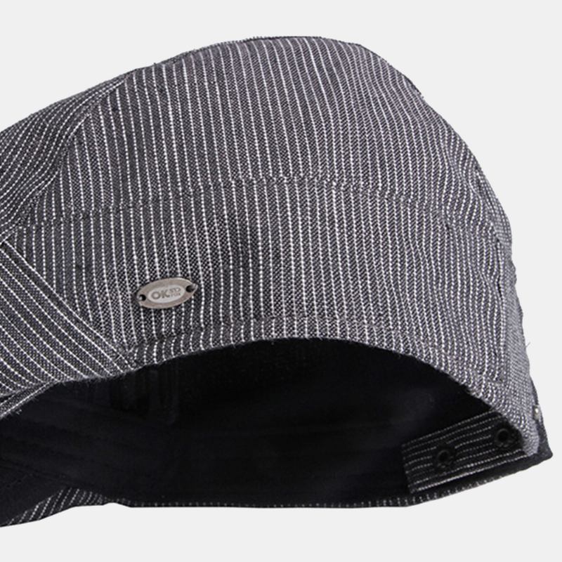 Menn Bomull Lin Pinstripe Beret Cap Britisk Retro Metalletikett Justerbar Fritids Flat Cap