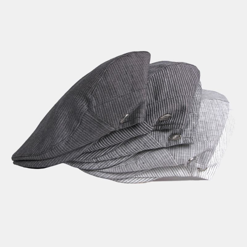 Menn Bomull Lin Pinstripe Beret Cap Britisk Retro Metalletikett Justerbar Fritids Flat Cap