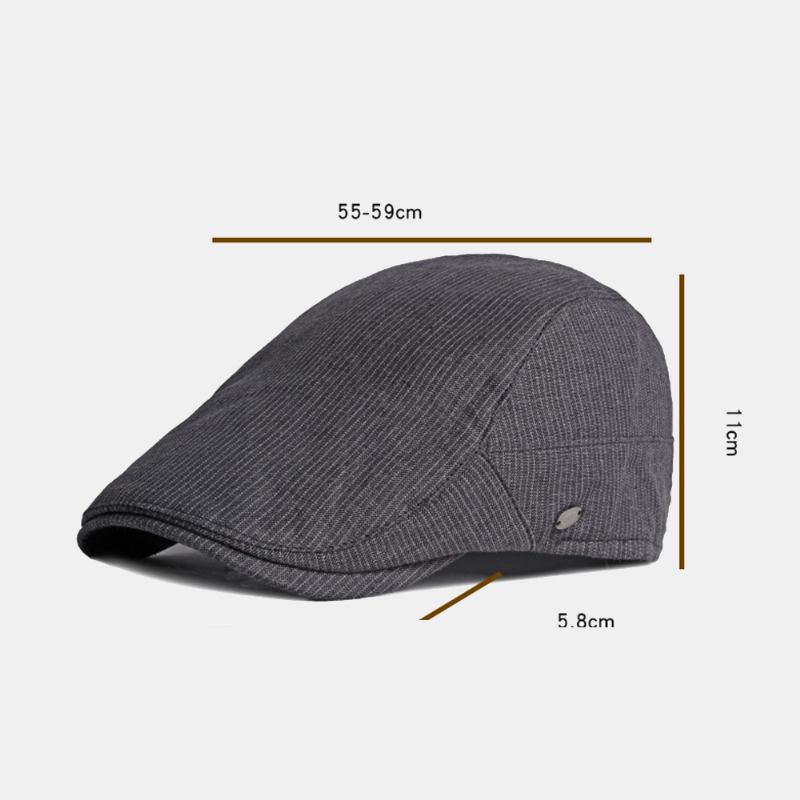 Menn Bomull Lin Pinstripe Beret Cap Britisk Retro Metalletikett Justerbar Fritids Flat Cap