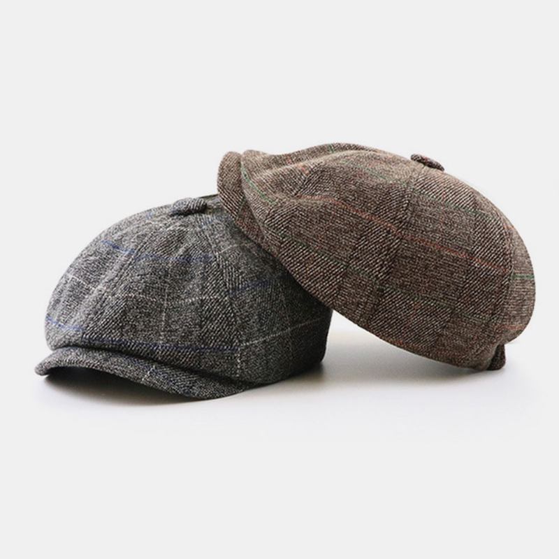 Menn Britisk Stil Retro Elastisk Uformell Gittermønster Maler Newsboy Hat Beret Hat Åttekantet Hat