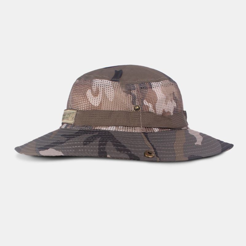 Menn Camouflage Mesh Pustende Big Rim Utendørs Fjellklatring Sunshade Bucket Hat