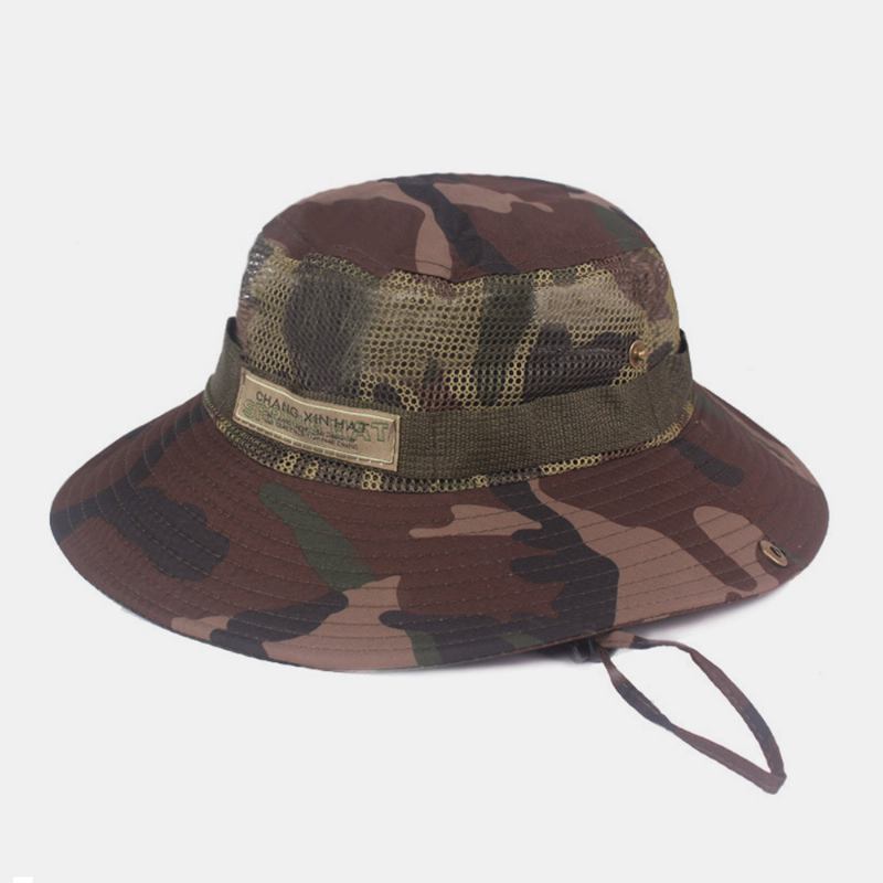 Menn Camouflage Mesh Pustende Big Rim Utendørs Fjellklatring Sunshade Bucket Hat