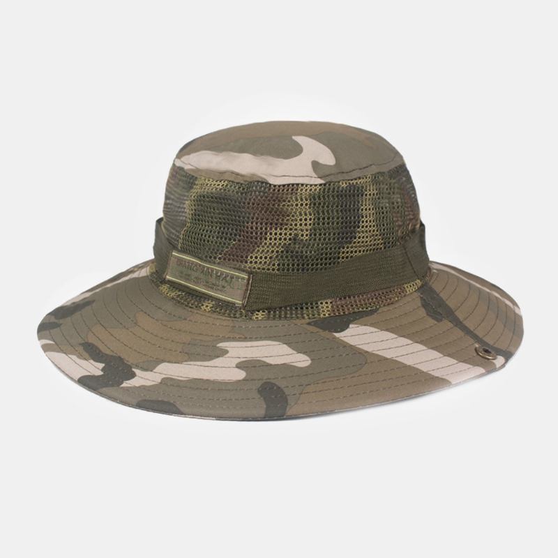 Menn Camouflage Mesh Pustende Big Rim Utendørs Fjellklatring Sunshade Bucket Hat