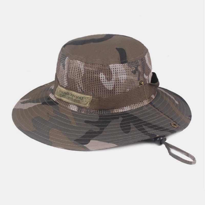 Menn Camouflage Mesh Pustende Big Rim Utendørs Fjellklatring Sunshade Bucket Hat