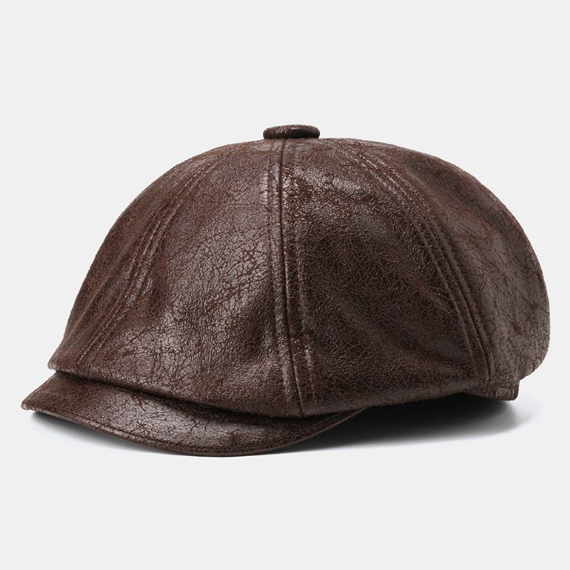 Menn Cracked Pu Leather Newsboy Hat Retro Beret Caps