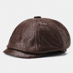 Menn Cracked Pu Leather Newsboy Hat Retro Beret Caps