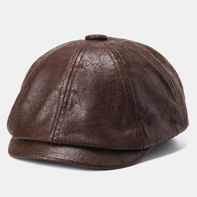 Menn Cracked Pu Leather Newsboy Hat Retro Beret Caps