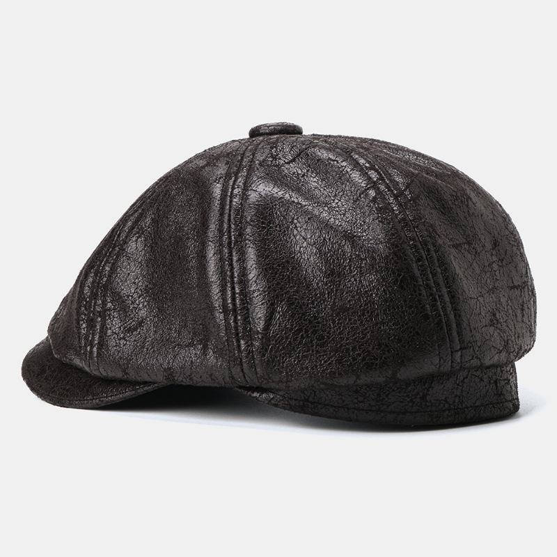 Menn Cracked Pu Leather Newsboy Hat Retro Beret Caps