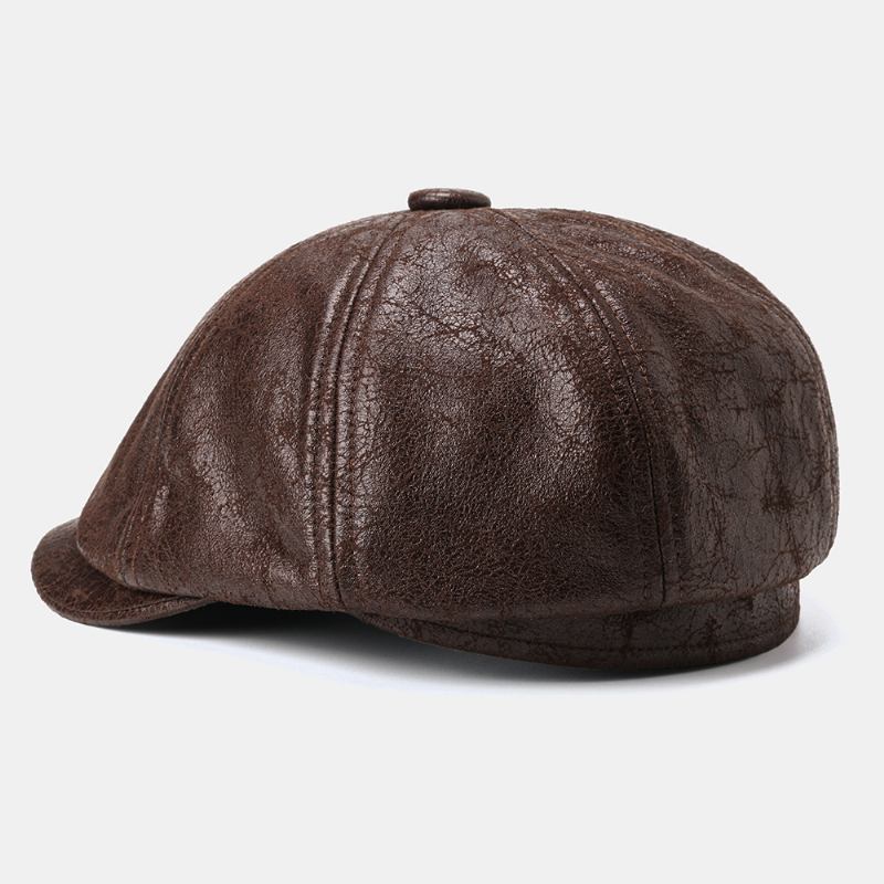 Menn Cracked Pu Leather Newsboy Hat Retro Beret Caps