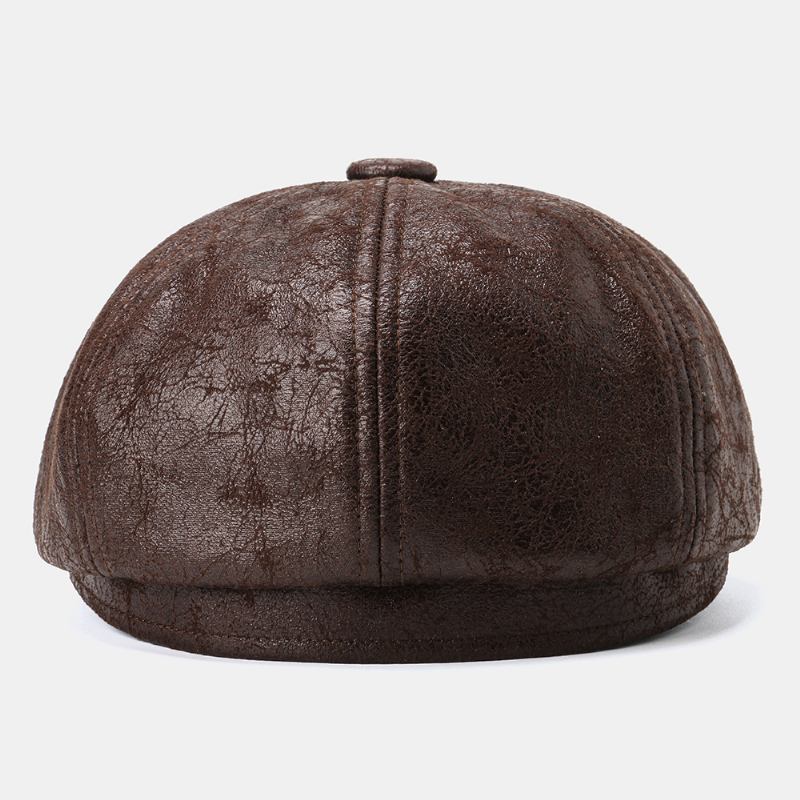 Menn Cracked Pu Leather Newsboy Hat Retro Beret Caps