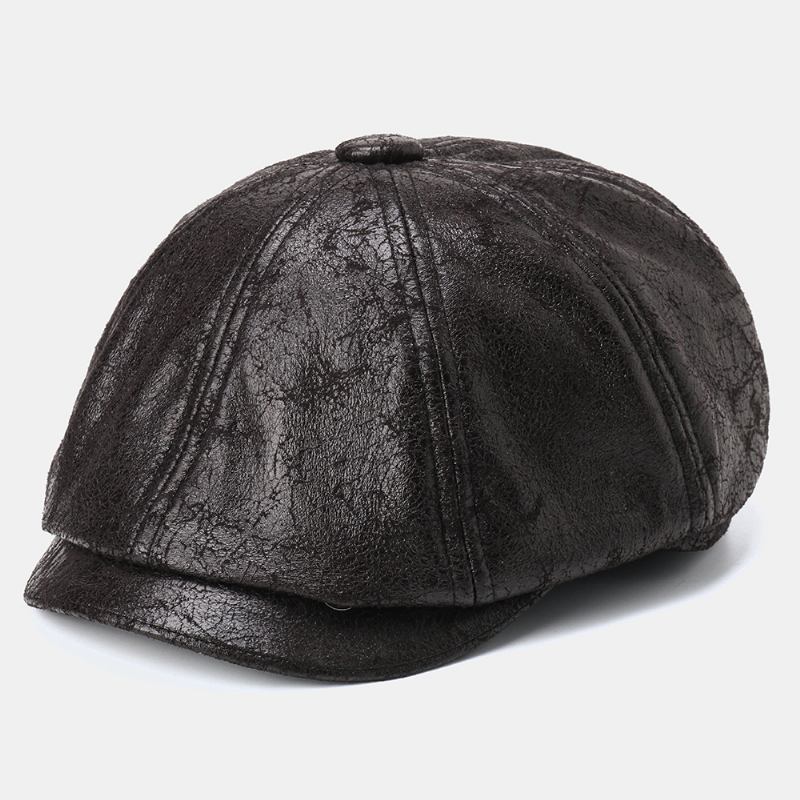 Menn Cracked Pu Leather Newsboy Hat Retro Beret Caps