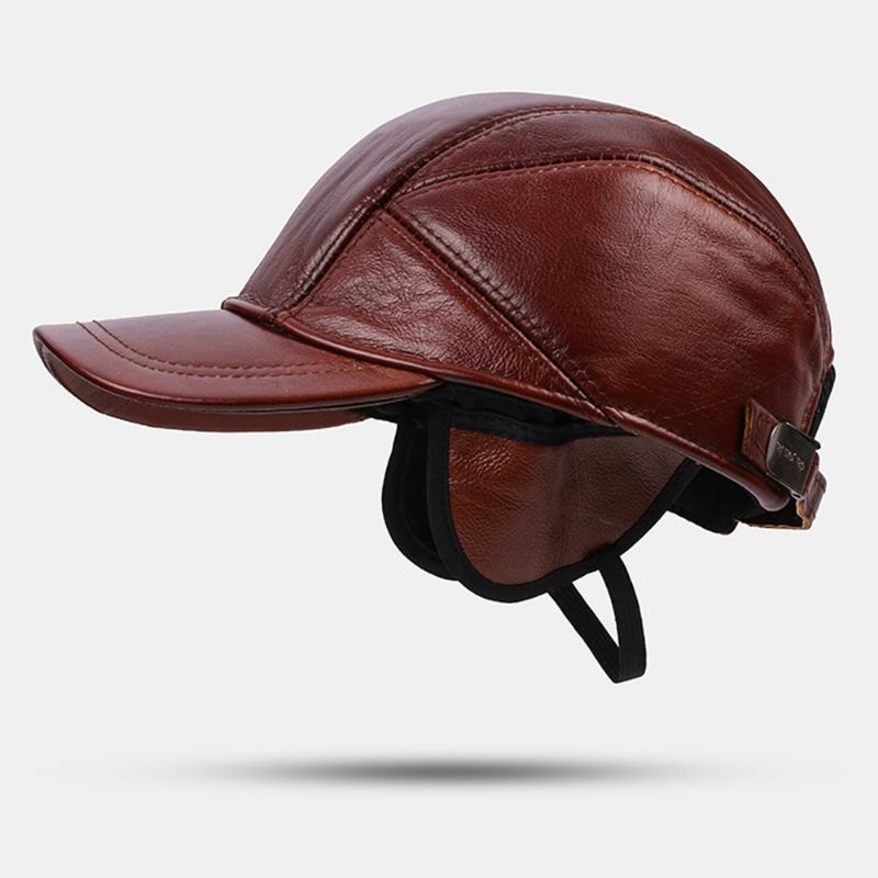 Menn Ekte Skinn Justerbar Rund Topp Ørebeskyttelse Large Rim Hold Warm Baseball Hat