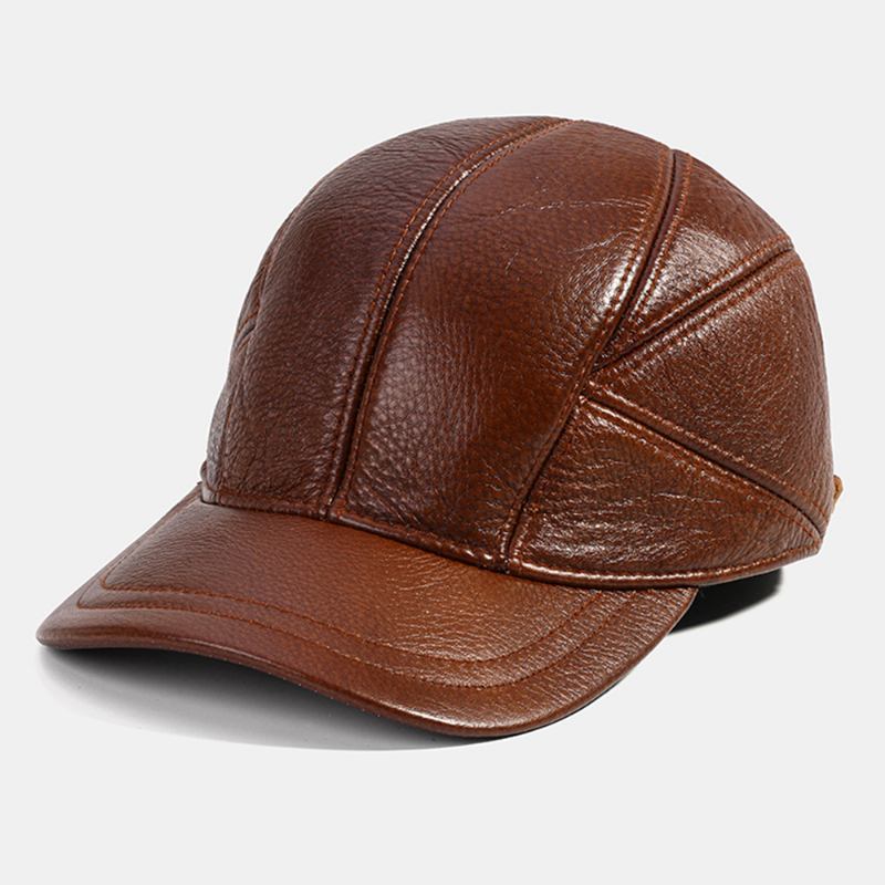 Menn Ekte Skinn Justerbar Rund Topp Ørebeskyttelse Large Rim Hold Warm Baseball Hat