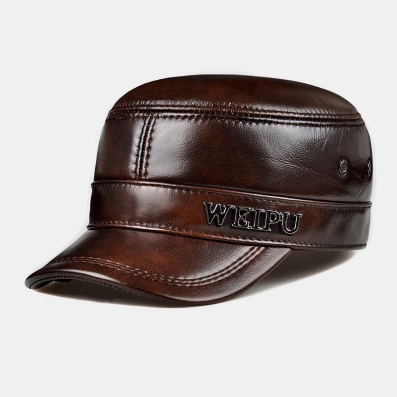 Menn Ekte Skinn Retro Klassisk Farge Ørebeskyttelse Hold Varmen Militær Lue Flat Hat Peaked Cap