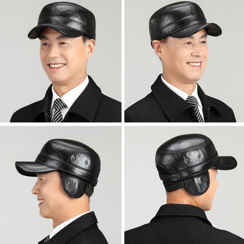 Menn Ekte Skinn Retro Klassisk Farge Ørebeskyttelse Hold Varmen Militær Lue Flat Hat Peaked Cap