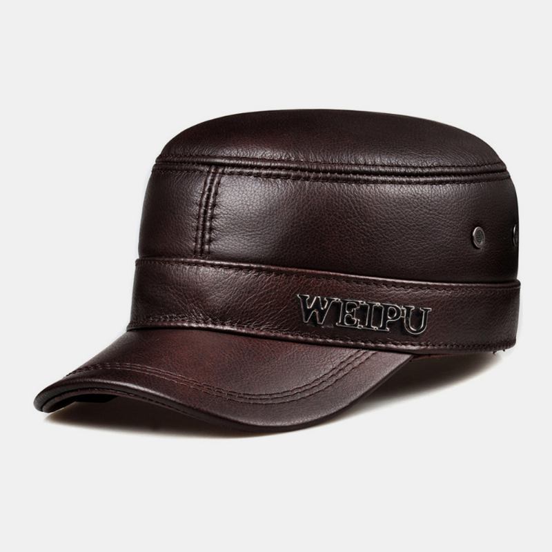 Menn Ekte Skinn Retro Klassisk Farge Ørebeskyttelse Hold Varmen Militær Lue Flat Hat Peaked Cap