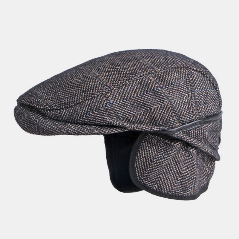 Menn Ensfarget Ørebeskyttelse Ørebeskyttelse Design Vindtett Flat Hat Britisk Retro Thicken Warm Beret Cap Forward Hat