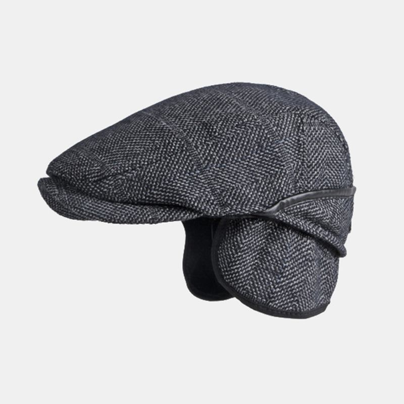 Menn Ensfarget Ørebeskyttelse Ørebeskyttelse Design Vindtett Flat Hat Britisk Retro Thicken Warm Beret Cap Forward Hat