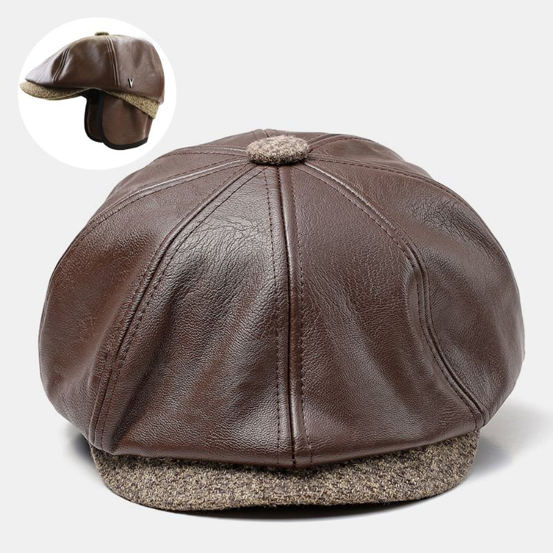 Menn Faux Leather Retro Fritids Ensfarget Ørebeskyttelse Forward Hat Octagonal Hat Beret Cap