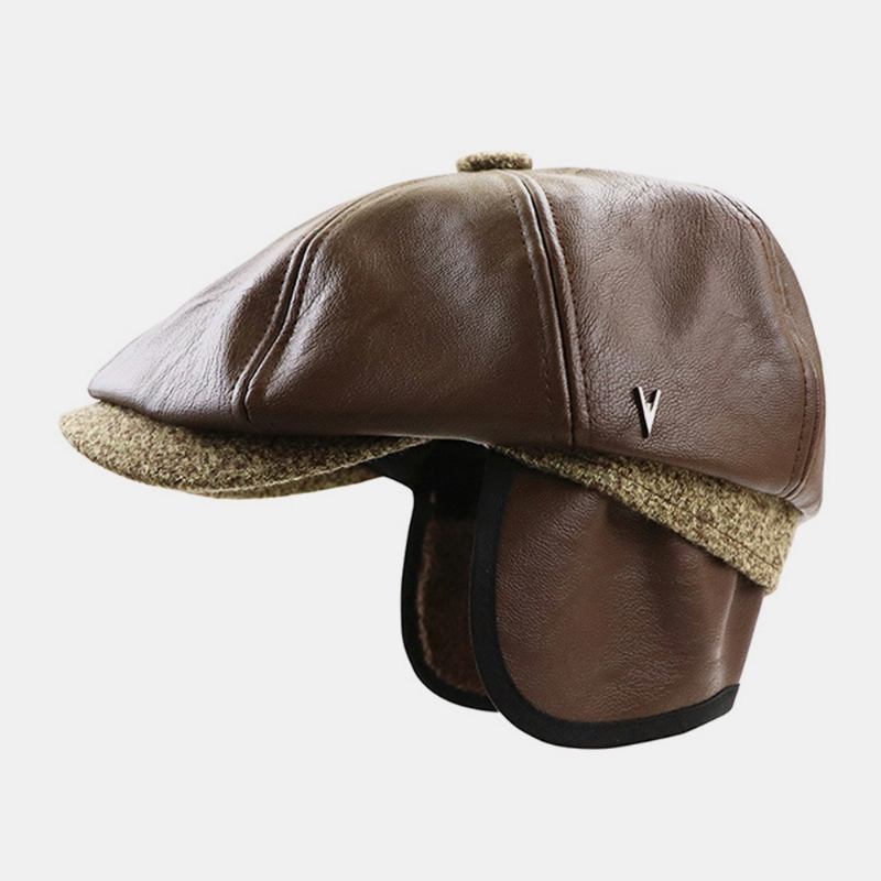 Menn Faux Leather Retro Fritids Ensfarget Ørebeskyttelse Forward Hat Octagonal Hat Beret Cap