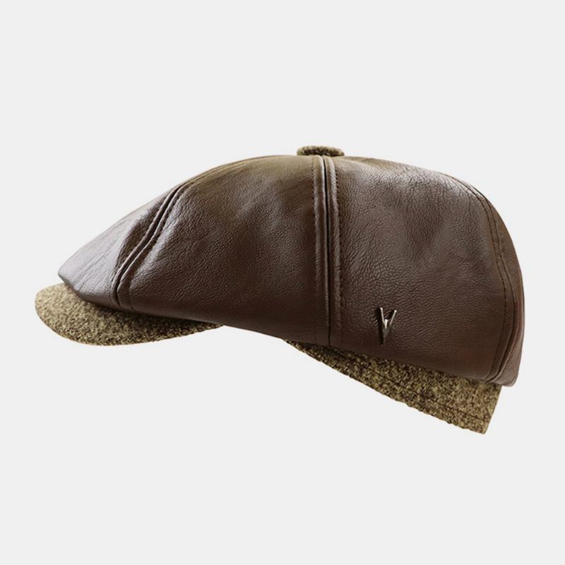 Menn Faux Leather Retro Fritids Ensfarget Ørebeskyttelse Forward Hat Octagonal Hat Beret Cap