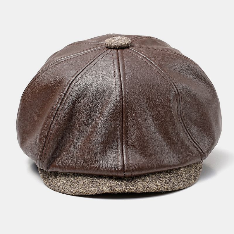 Menn Faux Leather Retro Fritids Ensfarget Ørebeskyttelse Forward Hat Octagonal Hat Beret Cap