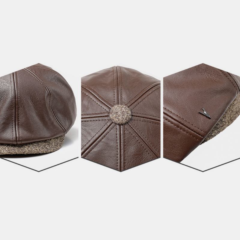 Menn Faux Leather Retro Fritids Ensfarget Ørebeskyttelse Forward Hat Octagonal Hat Beret Cap