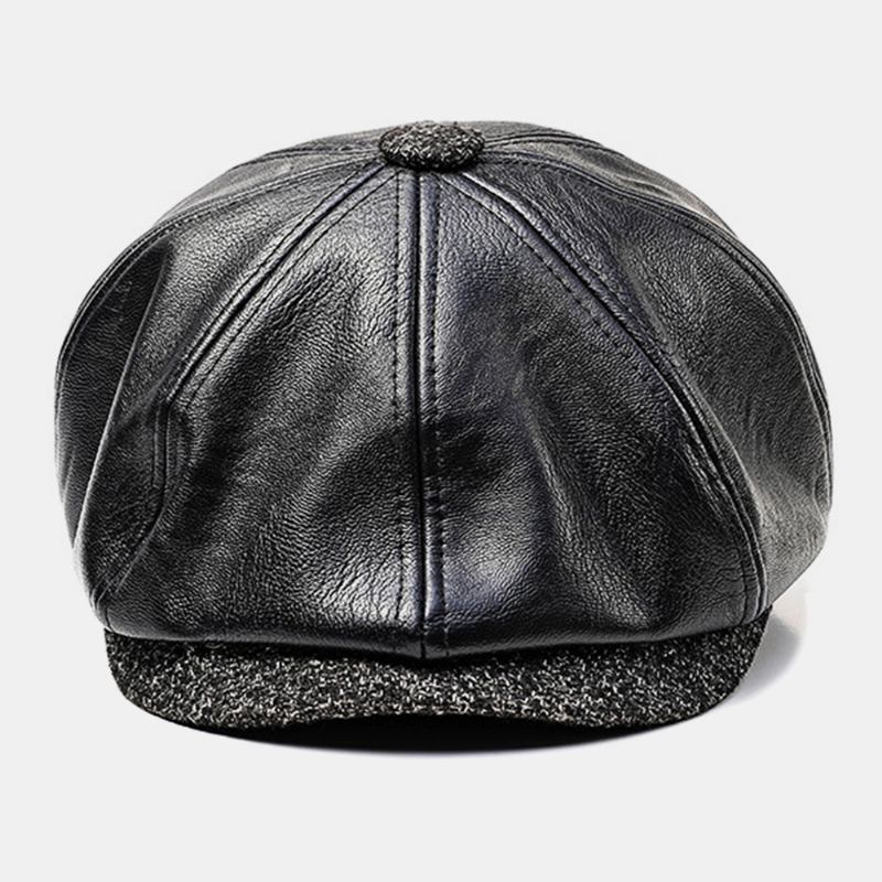 Menn Faux Leather Retro Fritids Ensfarget Ørebeskyttelse Forward Hat Octagonal Hat Beret Cap