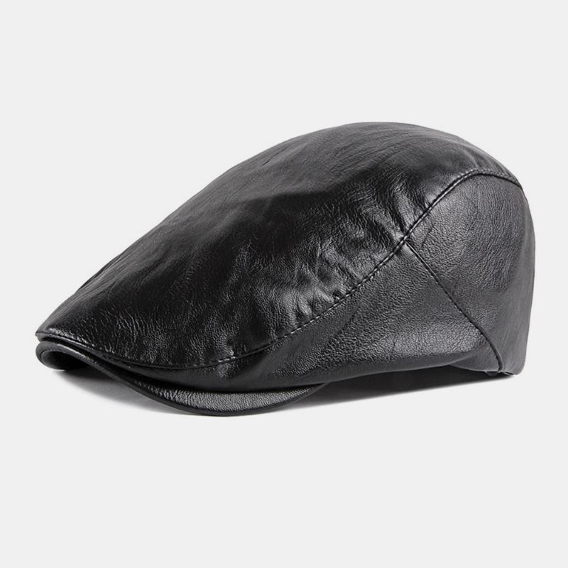 Menn Faux Leather Retro Solid Color Britisk Stil Fremover Hat Beret Hat