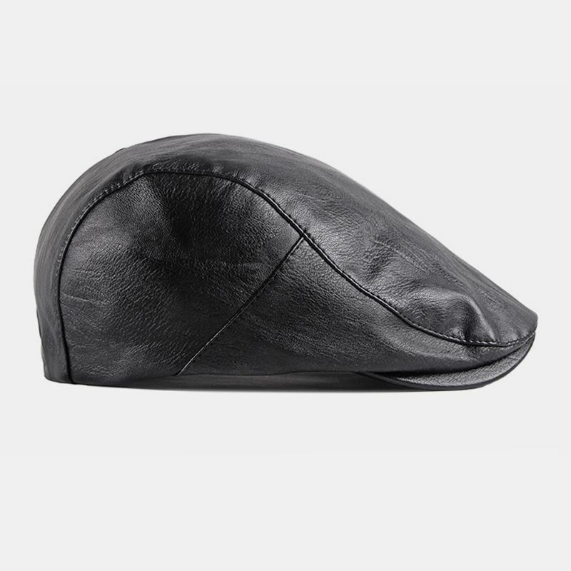 Menn Faux Leather Retro Solid Color Britisk Stil Fremover Hat Beret Hat