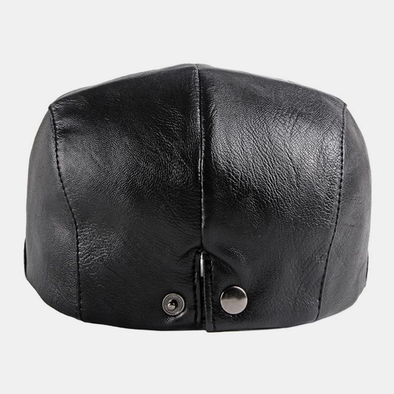 Menn Faux Leather Retro Solid Color Britisk Stil Fremover Hat Beret Hat