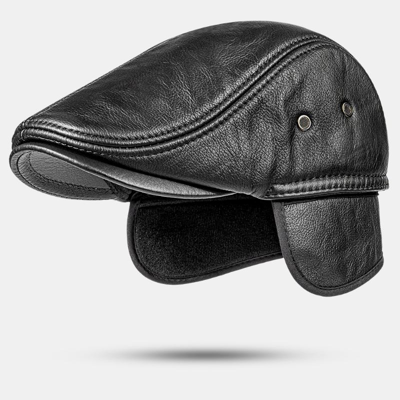 Menn First Layer Cowhide Rim Flat Cap British Waterproof Warm Berets Forward Cap Peaked Cap