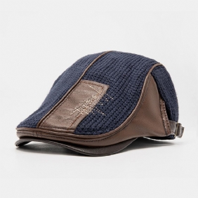 Menn Håndsøm Sting Mønster Beret Cap Pu Strikket Uregelmessig Patchwork Sunshade Flat Cap