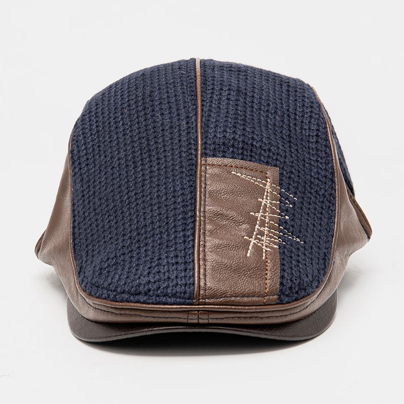 Menn Håndsøm Sting Mønster Beret Cap Pu Strikket Uregelmessig Patchwork Sunshade Flat Cap