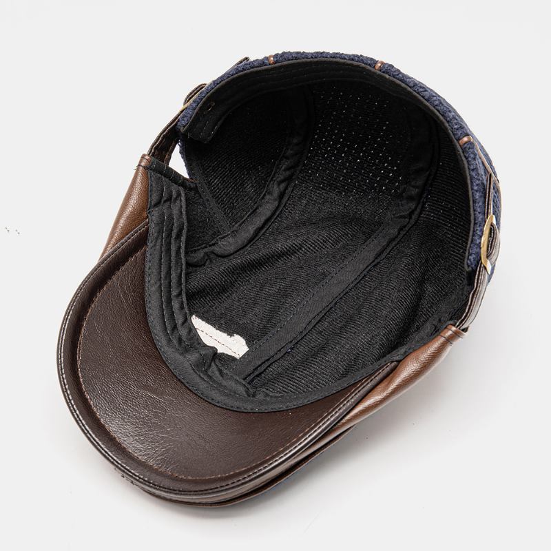 Menn Håndsøm Sting Mønster Beret Cap Pu Strikket Uregelmessig Patchwork Sunshade Flat Cap