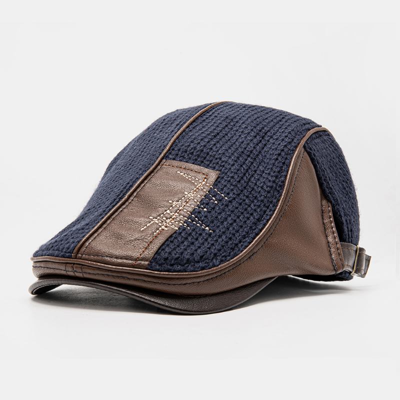 Menn Håndsøm Sting Mønster Beret Cap Pu Strikket Uregelmessig Patchwork Sunshade Flat Cap