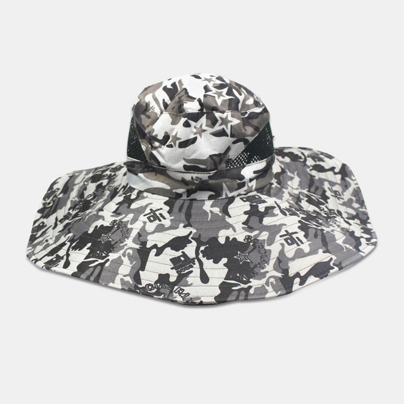 Menn Kamuflasje Mesh Pustende Big Rim Utendørs Fiske Klatring Sunshade Bucket Hat