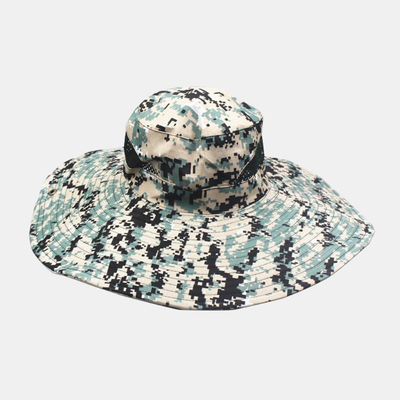 Menn Kamuflasje Mesh Pustende Big Rim Utendørs Fiske Klatring Sunshade Bucket Hat