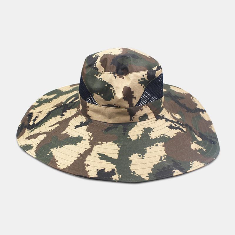 Menn Kamuflasje Mesh Pustende Big Rim Utendørs Fiske Klatring Sunshade Bucket Hat