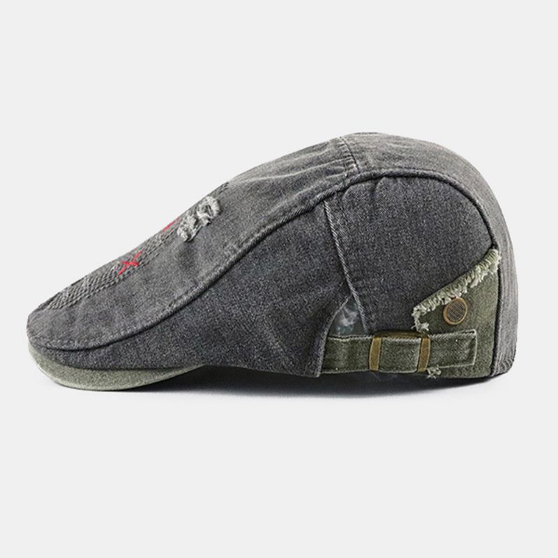 Menn Kort Brem Distressed Slitt Hull Beret Flat Cap Retro Justerbar Pustende Fremad Lue