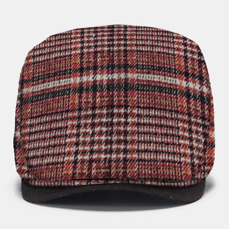 Menn Plaid Strikket Beret Flat Cap Side Metal Label Justerbar Newsboy Hat