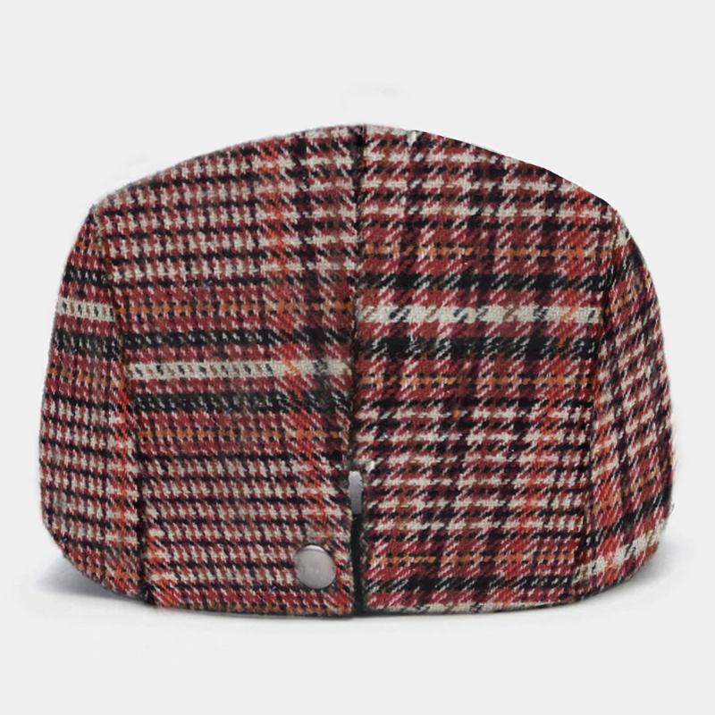 Menn Plaid Strikket Beret Flat Cap Side Metal Label Justerbar Newsboy Hat