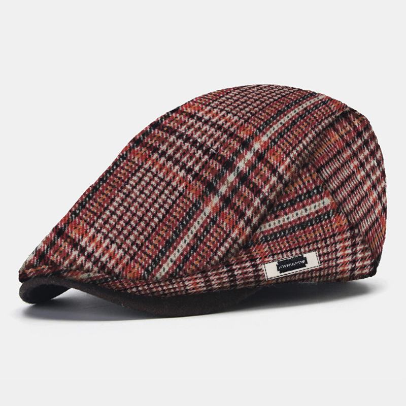 Menn Plaid Strikket Beret Flat Cap Side Metal Label Justerbar Newsboy Hat