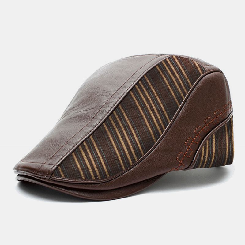 Menn Pu Lær Strikket Søm Stripemønster Berets Retro Justerbar Varm Forover Cap Peaked Cap