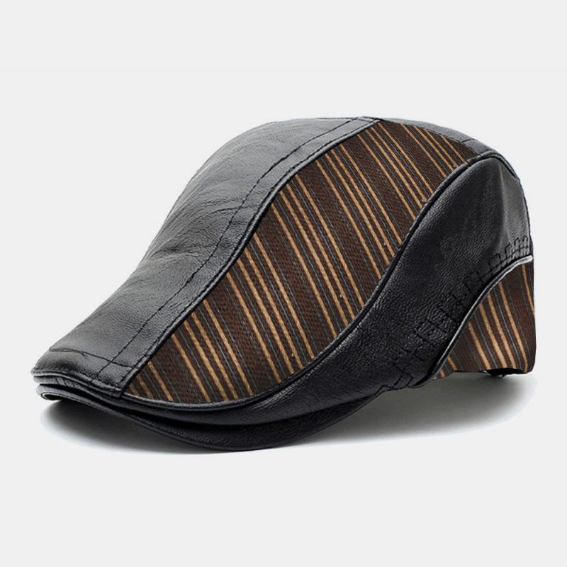 Menn Pu Lær Strikket Søm Stripemønster Berets Retro Justerbar Varm Forover Cap Peaked Cap