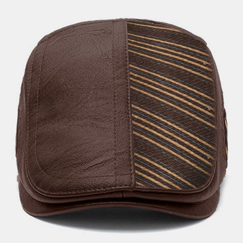 Menn Pu Lær Strikket Søm Stripemønster Berets Retro Justerbar Varm Forover Cap Peaked Cap