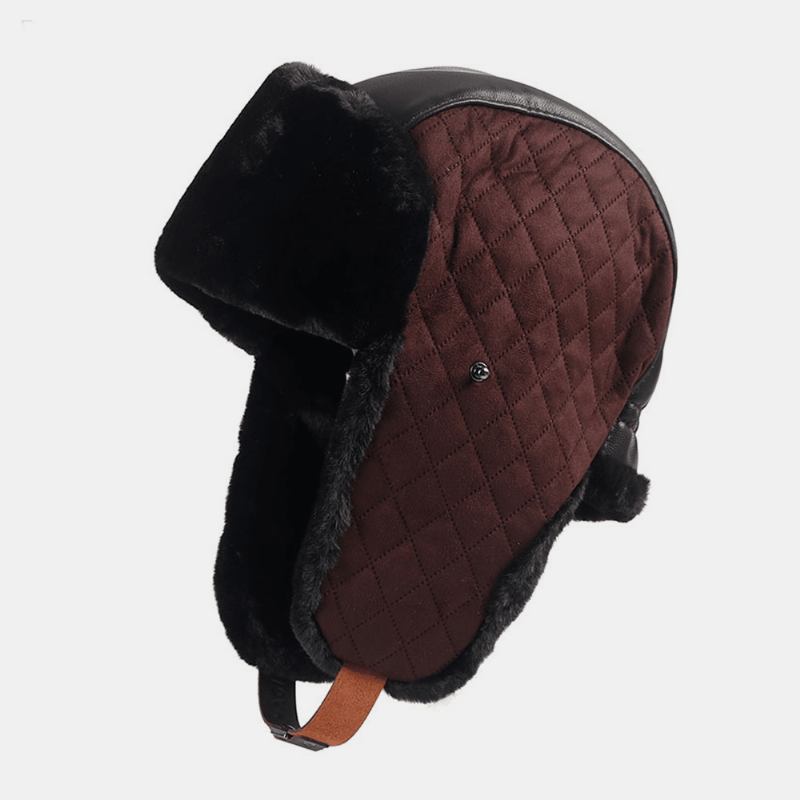 Menn Pu Pluss Velvet Thicken Trapper Hat Ensfarget Argyle Kuldebeskyttelse Vindtett Ørebeskyttelse Ushanka Lue