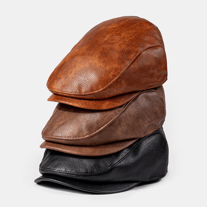 Menn Pu Skinn Ensfarge Absorber Svette Pustende Beret Flat Cap Uformell Varme Newsboy Hat Forward Hat